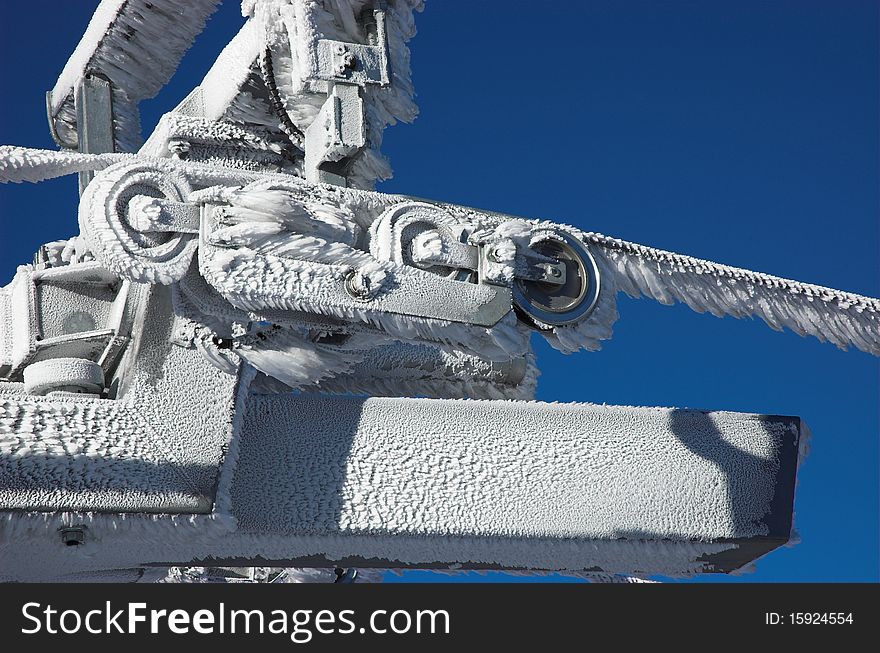Frozen cabin lift construction covered with ice