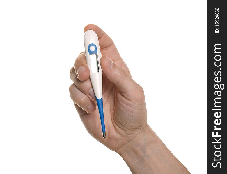 Well shaped doctor's hand hold a thermometer isolated over white