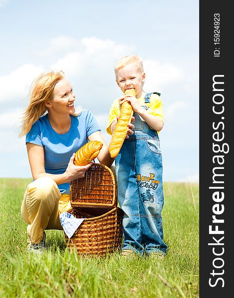 Mother and son, happy family, picnic