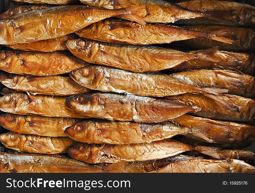 Stack of smoked fish in Asian market