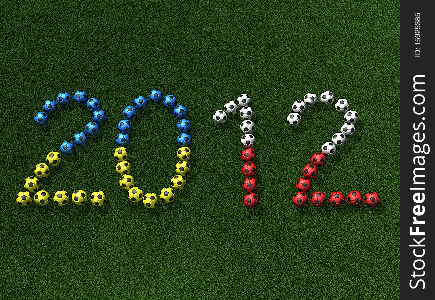 Soccer (football) balls on grass - forming 2012 with colors of flags of Ukraine and Poland. 3d illustration. Soccer (football) balls on grass - forming 2012 with colors of flags of Ukraine and Poland. 3d illustration.