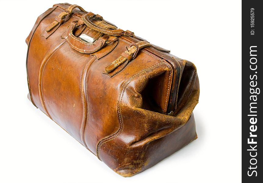 Old brown leather bag isolated with clipping path. Old brown leather bag isolated with clipping path