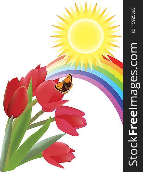 Vector flowers with sun and rainbow