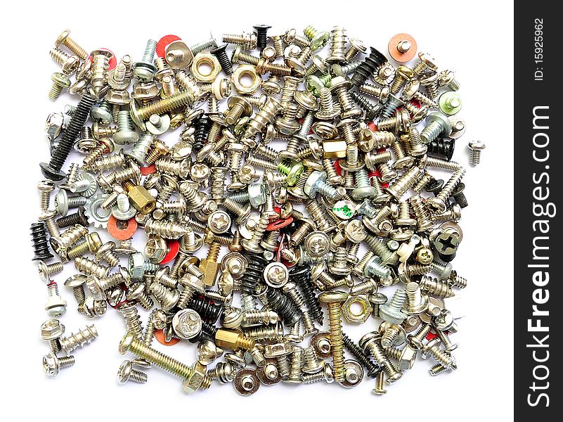 Screws and bolts on white background.