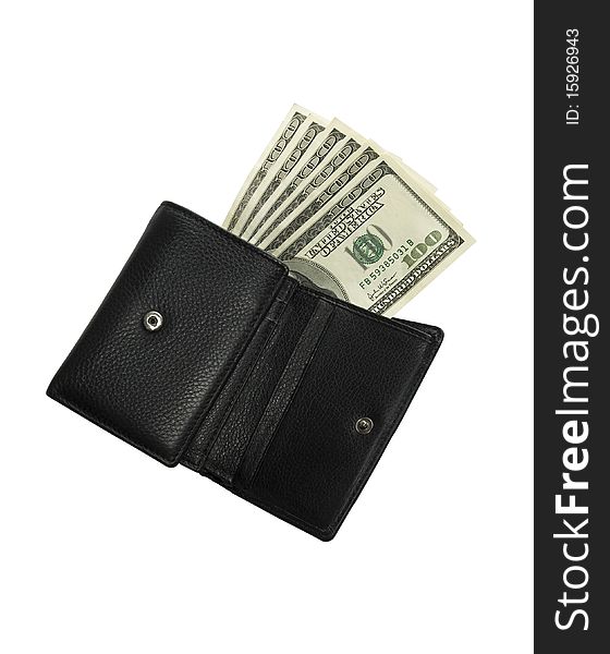 Black wallet on a white background with the isolation sticking in denominations of 100 Dolar. Black wallet on a white background with the isolation sticking in denominations of 100 Dolar