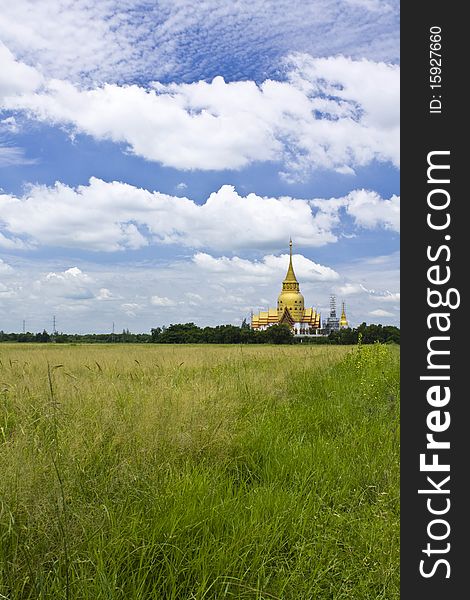 Meadow landscape with the golden hall in Thailand