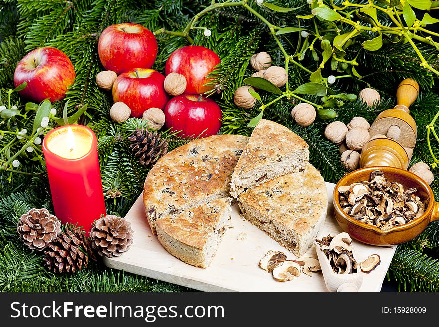 Still life of special Christmas mushroom pastry