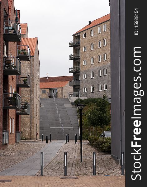 Residential district with steps in Danish town Soenderborg.