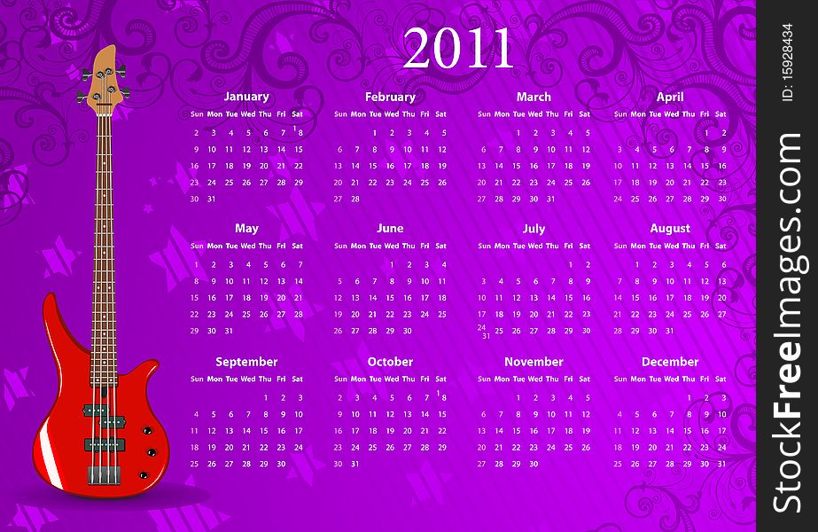 Vector American calendar 2011 with bass guitar