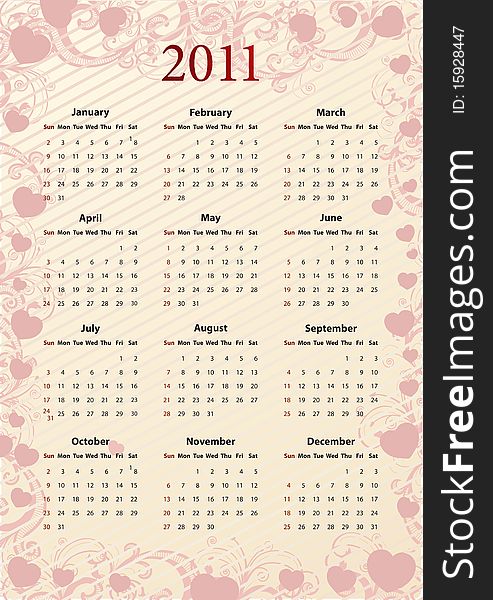 American Vector pink floral calendar 2011 with hearts, starting from Sundays. American Vector pink floral calendar 2011 with hearts, starting from Sundays