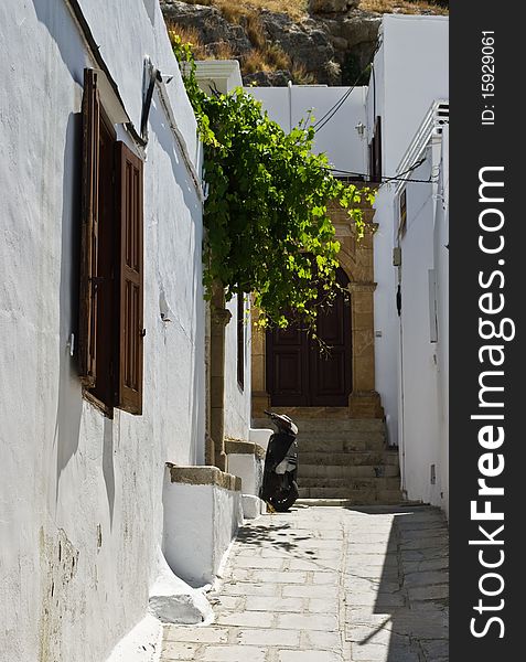 Steep passages of Lindos on Rhodes Island, Greece.