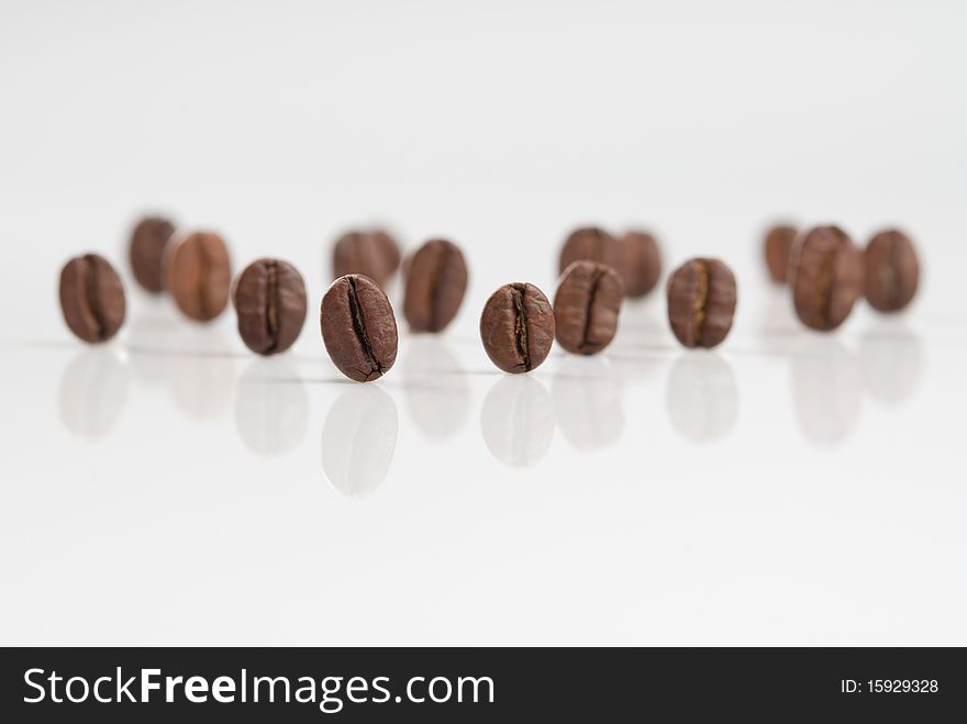 Coffee beans stand on reflecting white surface. Coffee beans stand on reflecting white surface.