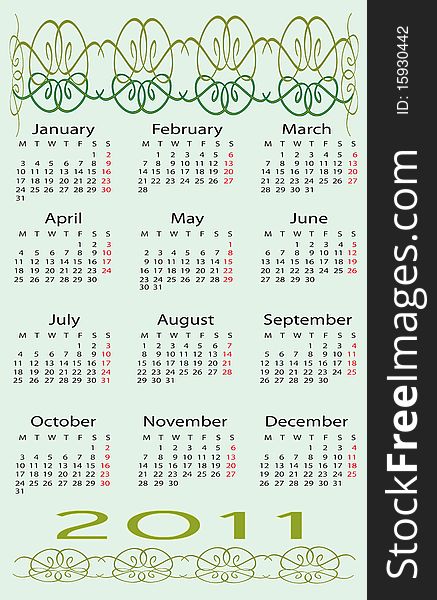 This is a calendar for 2011 on a green background