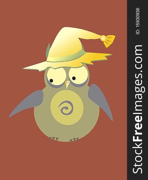 Creative cartoon owl. Yellow hat