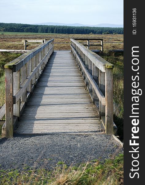 A vertical image of a wooden bridge over a ditch on a countryside parh. A vertical image of a wooden bridge over a ditch on a countryside parh