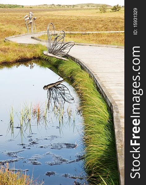 A vertical image of a wooden boardwalk beside a pond with a dragonfly ornament. A vertical image of a wooden boardwalk beside a pond with a dragonfly ornament