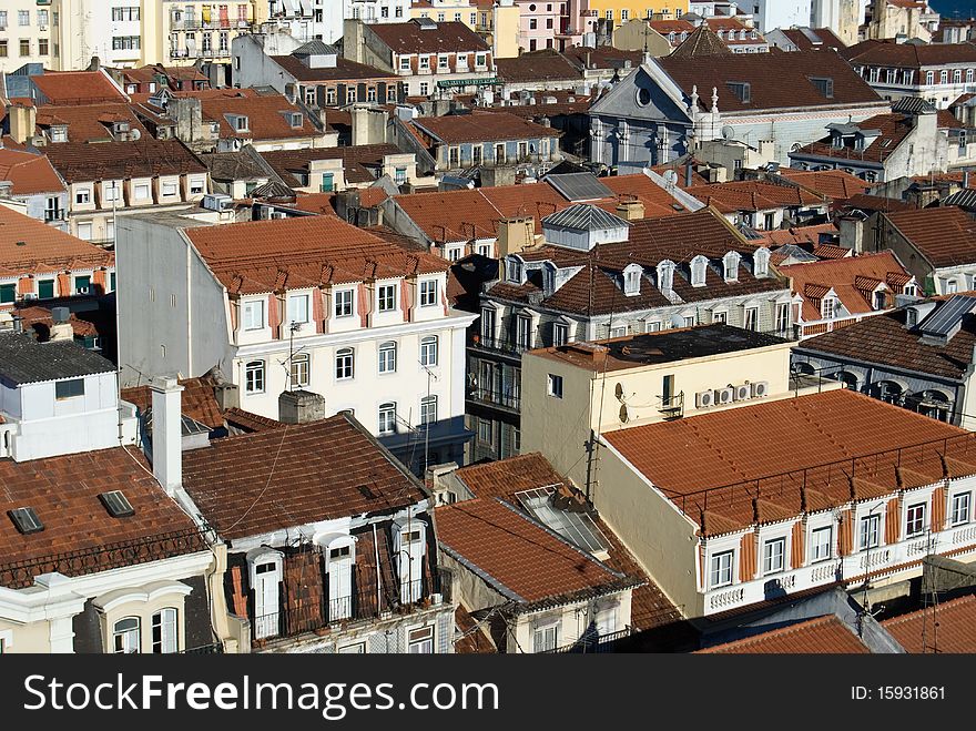 A view of the city of Lisbon, Portugal high above. Shot from the top of a lift. A view of the city of Lisbon, Portugal high above. Shot from the top of a lift.