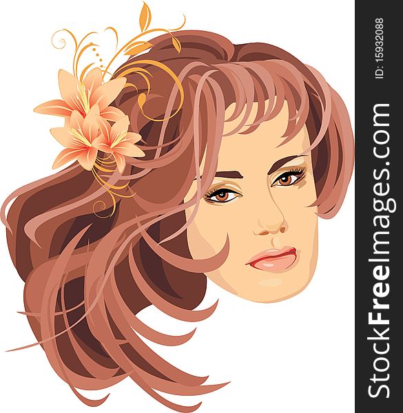 Portrait of beautiful woman with bouquet of lilies in hair. Illustration. Portrait of beautiful woman with bouquet of lilies in hair. Illustration