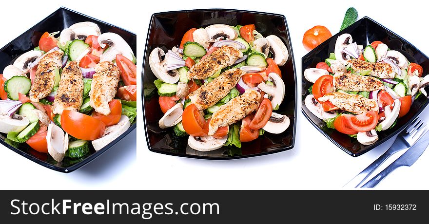 Chicken salad in a black bowl, several angles