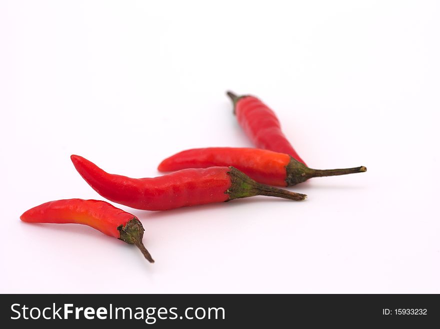 4 fresh red chillis on a plain white background. 4 fresh red chillis on a plain white background.