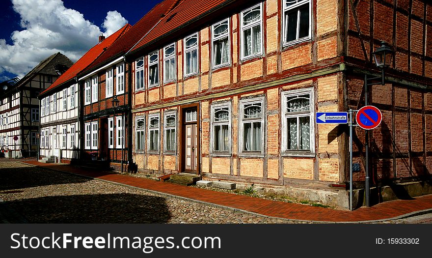 A row of old houses in the East German town of Doemitz show the German timber-frame style. A row of old houses in the East German town of Doemitz show the German timber-frame style.