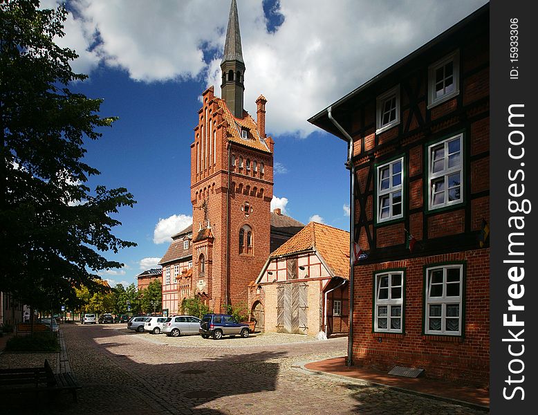 The town hall of the East German town of Doemitz, Mecklenburg-Vorpommern, is built in the neo-gothic brick style. The town hall of the East German town of Doemitz, Mecklenburg-Vorpommern, is built in the neo-gothic brick style.