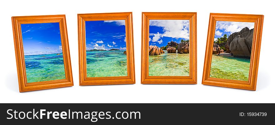 Panorama of tropical beach in frames isolated on white background