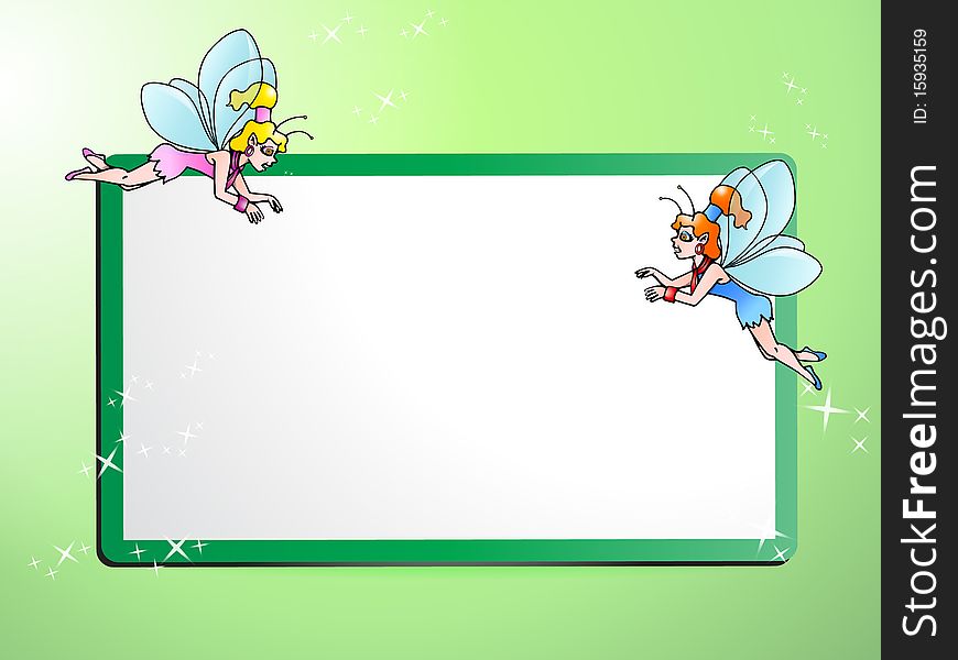 Green and pink fairy flying while holding green frame blank board. Green and pink fairy flying while holding green frame blank board