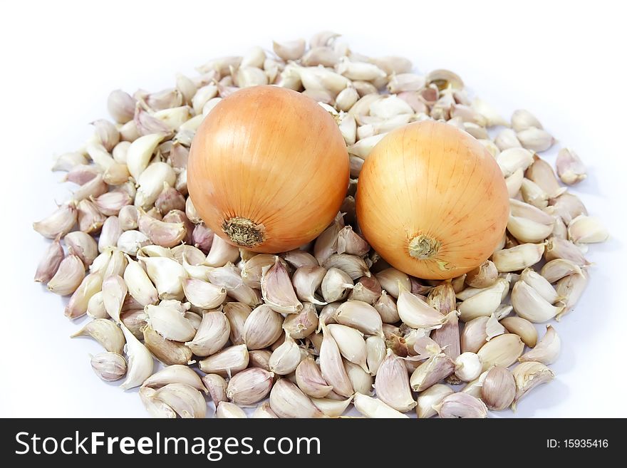 Garlic and onion on white background