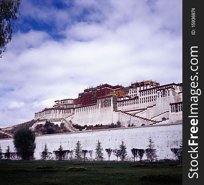 It is Potala palace in Tibet of China.with blue sky it is a historic building. Photo by 120 film.