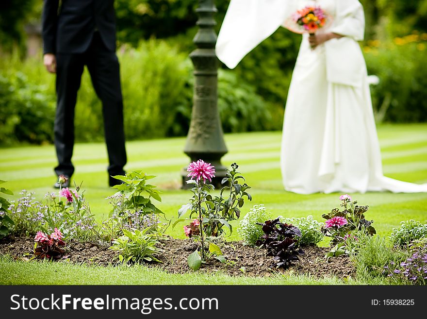 Bride and groom standing in the park, focus on the pink flower