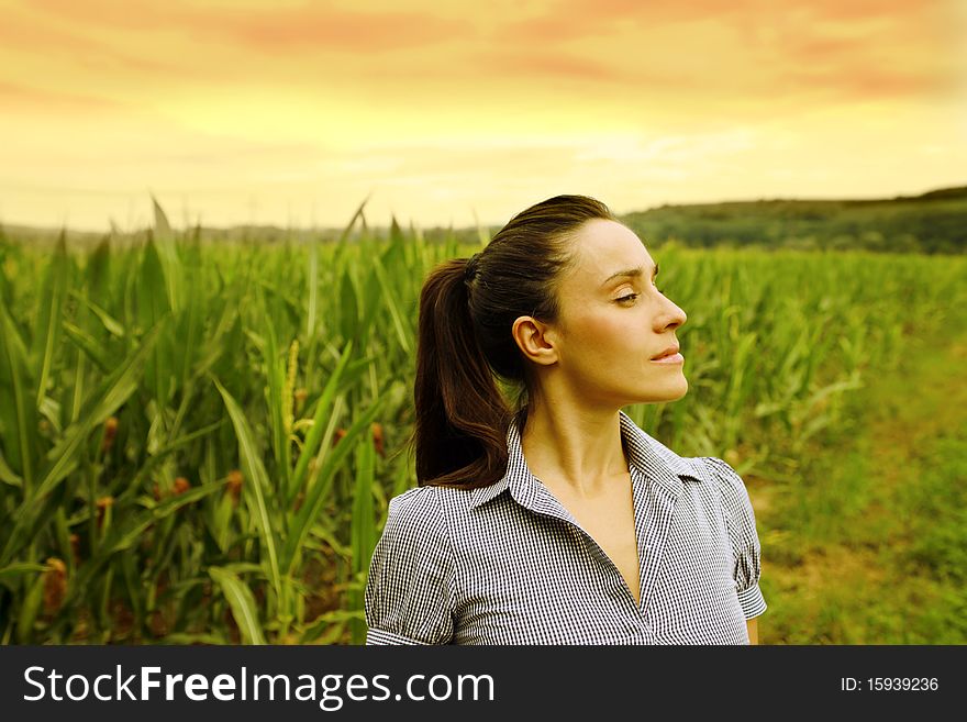 Beautiful woman standing on wheat field. Beautiful woman standing on wheat field