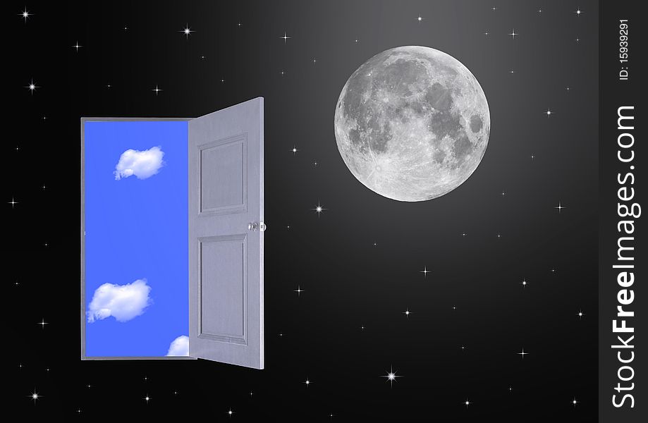 The blue sky looked through through a door at night. The blue sky looked through through a door at night