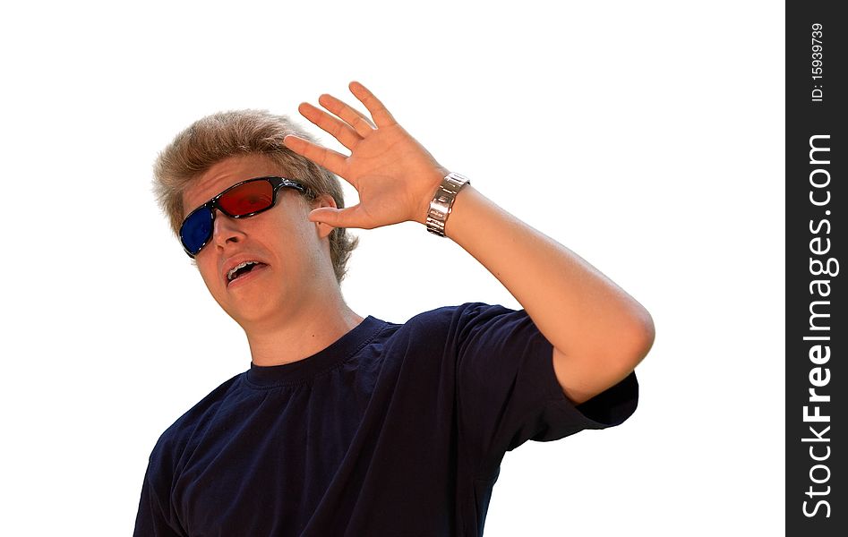 Young man 3d glasses a over white background. Young man 3d glasses a over white background