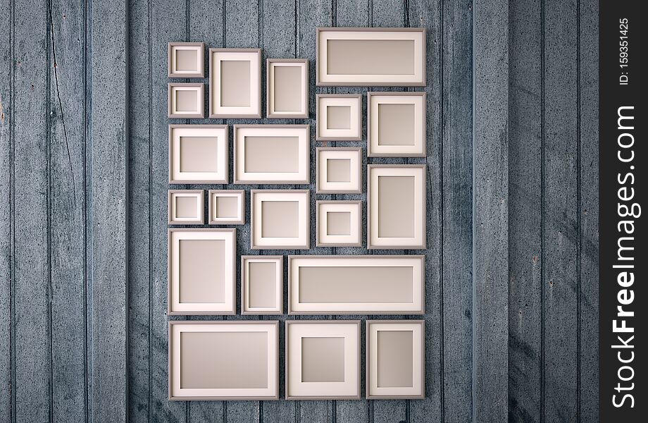 3D rendering of a gray wood wall with an arrangement of mock up picture frames. 3D rendering of a gray wood wall with an arrangement of mock up picture frames