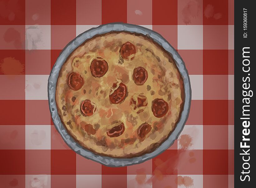 A painting of a pizza pie sitting on a diner table covered in a checkered table cloth - digital illustration