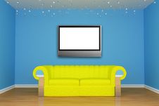 Living Room With Yellow Couch And LCD Tv Stock Photos Living Room With Yellow Couch And LCD Tv Stock Photos