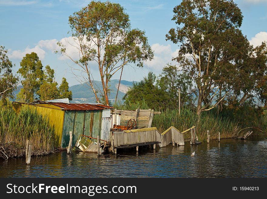 Hut for fishing in wetland behind someone eucalyptus tree. Hut for fishing in wetland behind someone eucalyptus tree