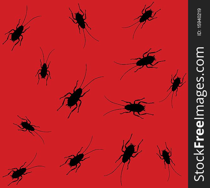 Red seamless pattern with black roaches. Red seamless pattern with black roaches