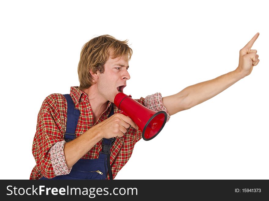 Young handcrafter with megaphone isoladet on white background. Young handcrafter with megaphone isoladet on white background