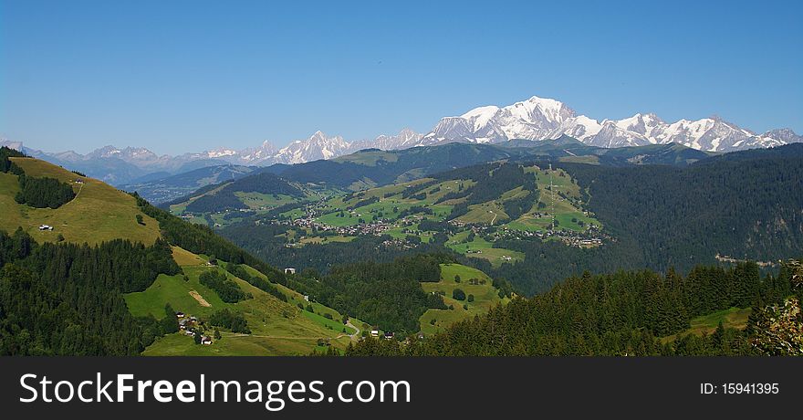 French alps landscape in summer with mont blanc in the background