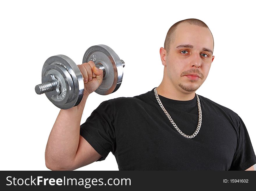 Young caucasian man with barbells isolated on white background. Young caucasian man with barbells isolated on white background