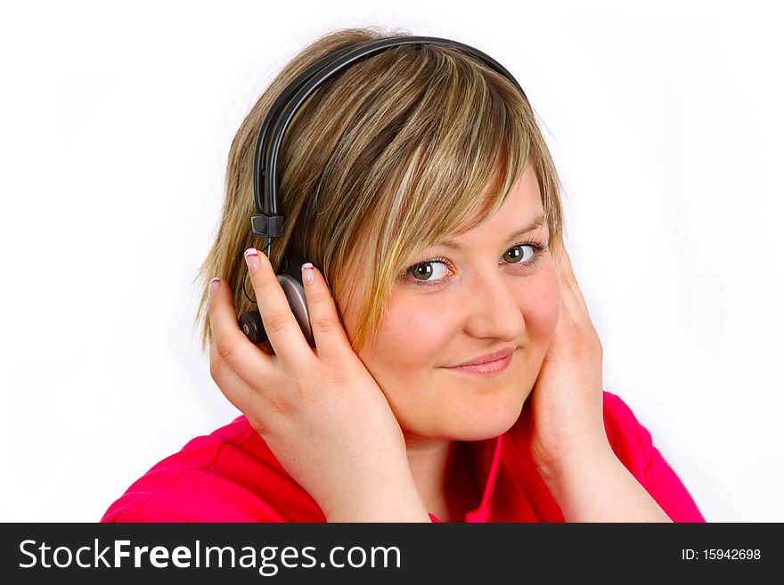 Young woman with headset on white background. Shot in studio. Young woman with headset on white background. Shot in studio.