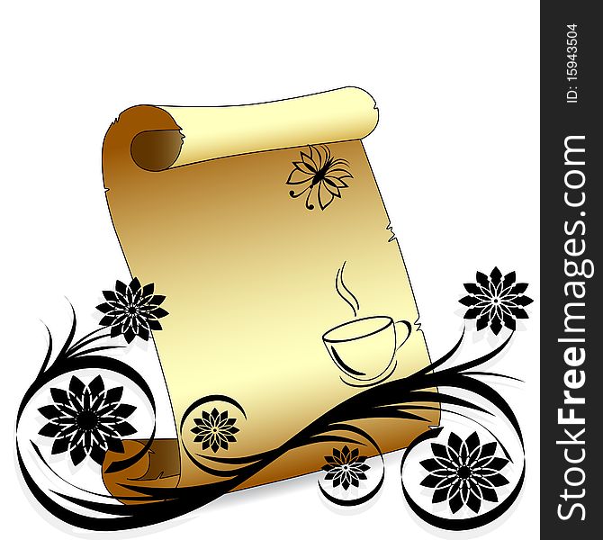 vector illustration of an old scroll paper with flower ornament and a cup of coffee