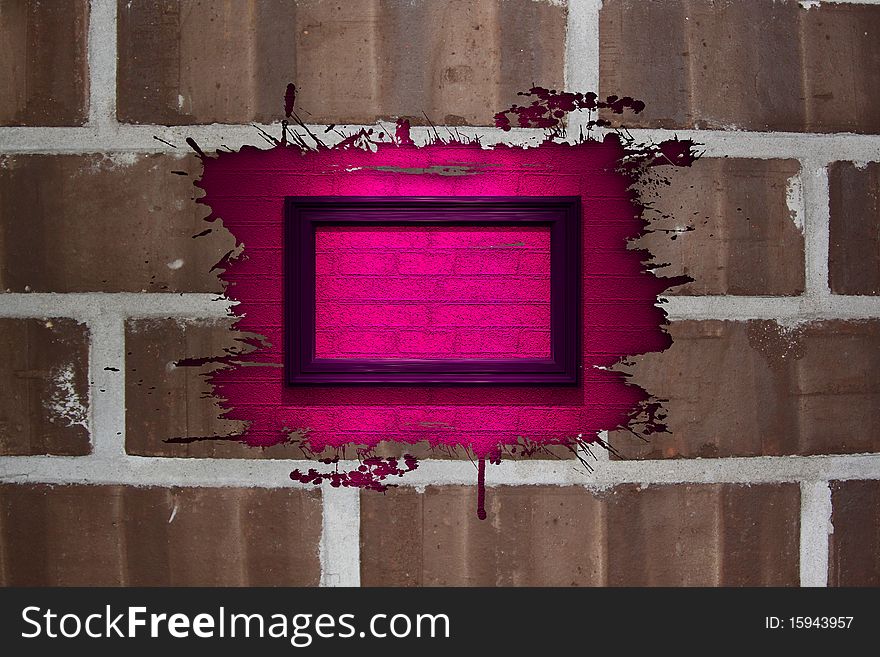 Brick wall for backgrounds with pink splash frame. Brick wall for backgrounds with pink splash frame