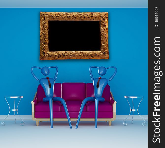The persons relaxing on the purple couch in blue minimalist interior with modern frame