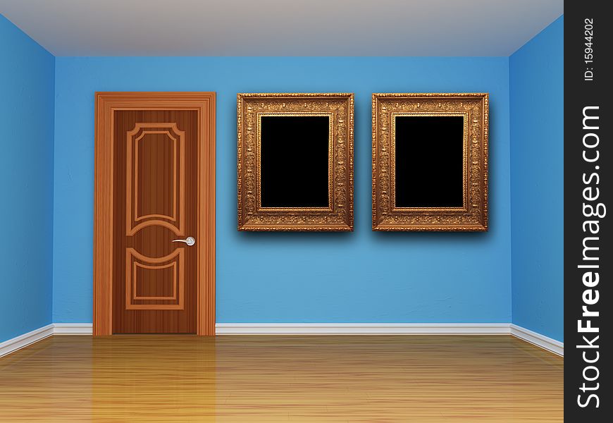 Blue empty room with door and frames