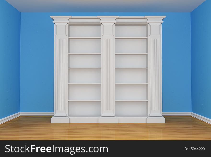 Bookshelf in blue minimalist interior