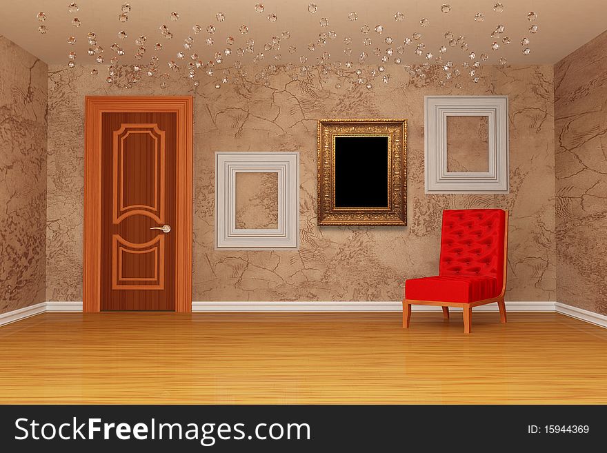 Room with door, red chair and picture frames