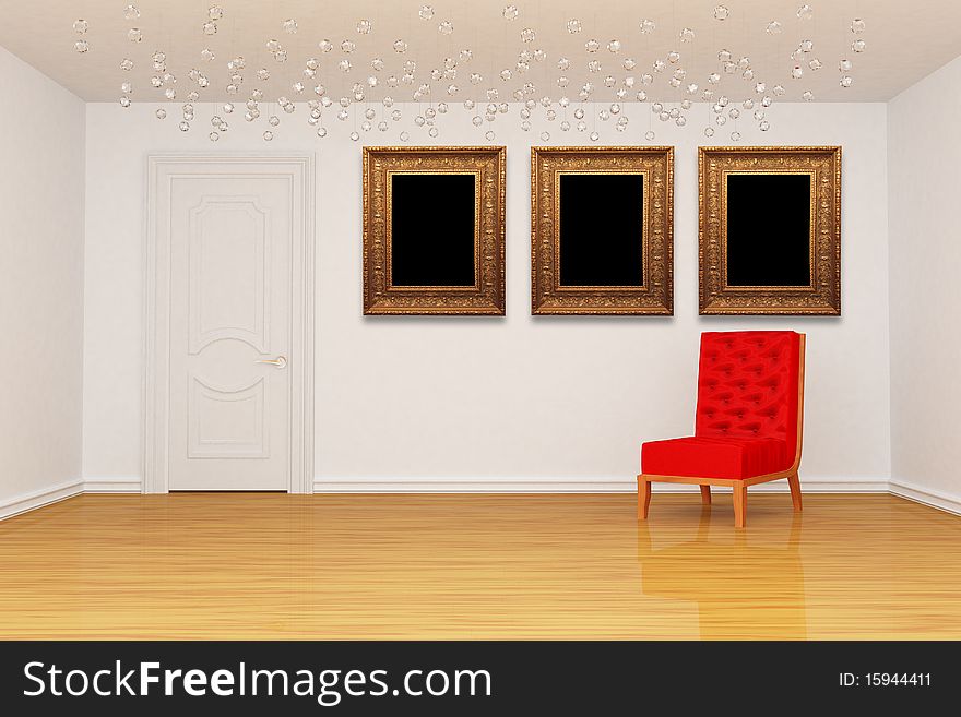 Empty room with door, red chair and golden picture frames